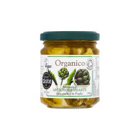 Org artichokes hearts in a herb marinade